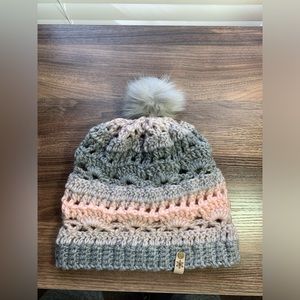 Handmade beanie in pink and gray.